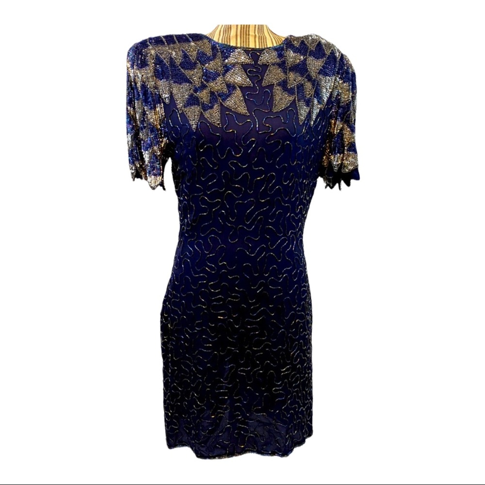 Vintage silk rayon beaded navy blue dress
